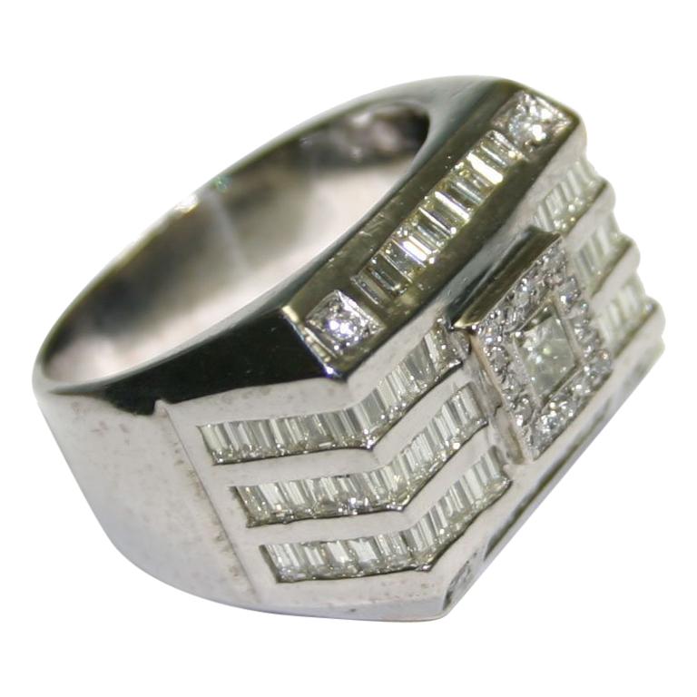 14 Karat White Gold Men's Diamond Signet Style Ring with 3.30 Total Carat Weight