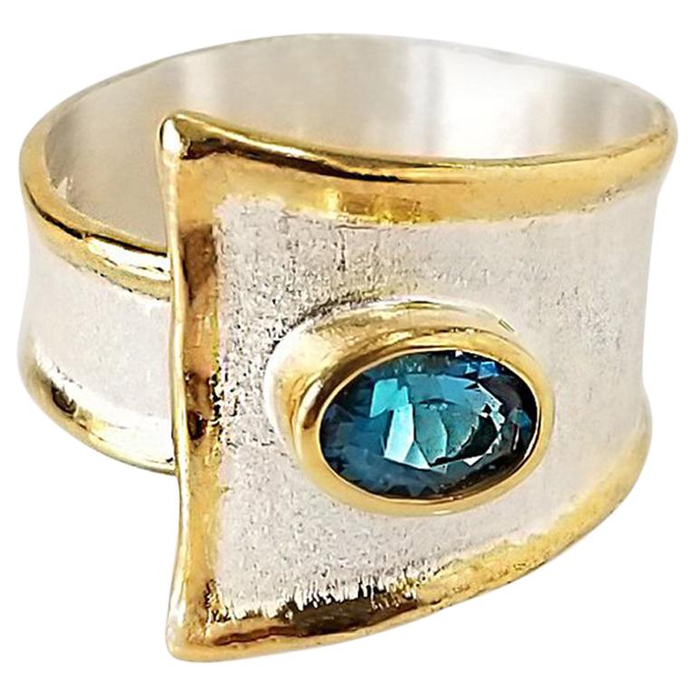 Yianni Creations Blue Topaz Fine Silver 24 Karat Gold Two Tone Wide Band Ring