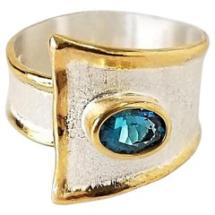 Yianni Creations Blue Topaz Fine Silver 24 Karat Gold Two Tone Wide Band Ring