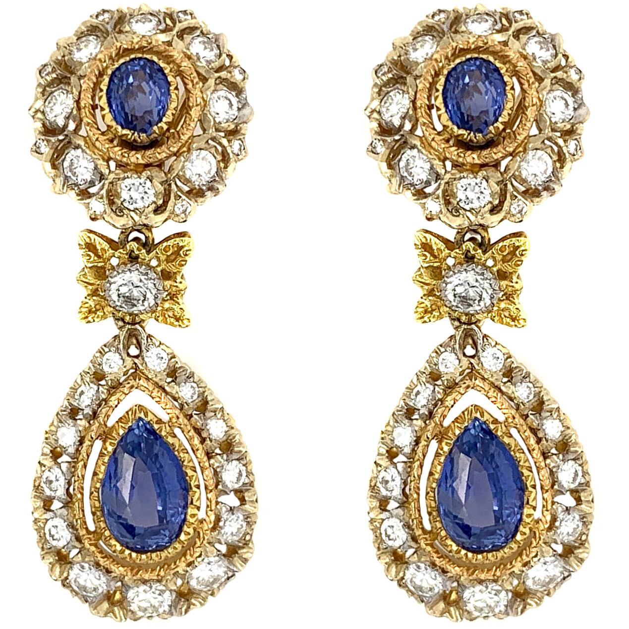 Mario Buccellati 18 Karat White and Yellow Gold Diamond and Sapphire Earrings