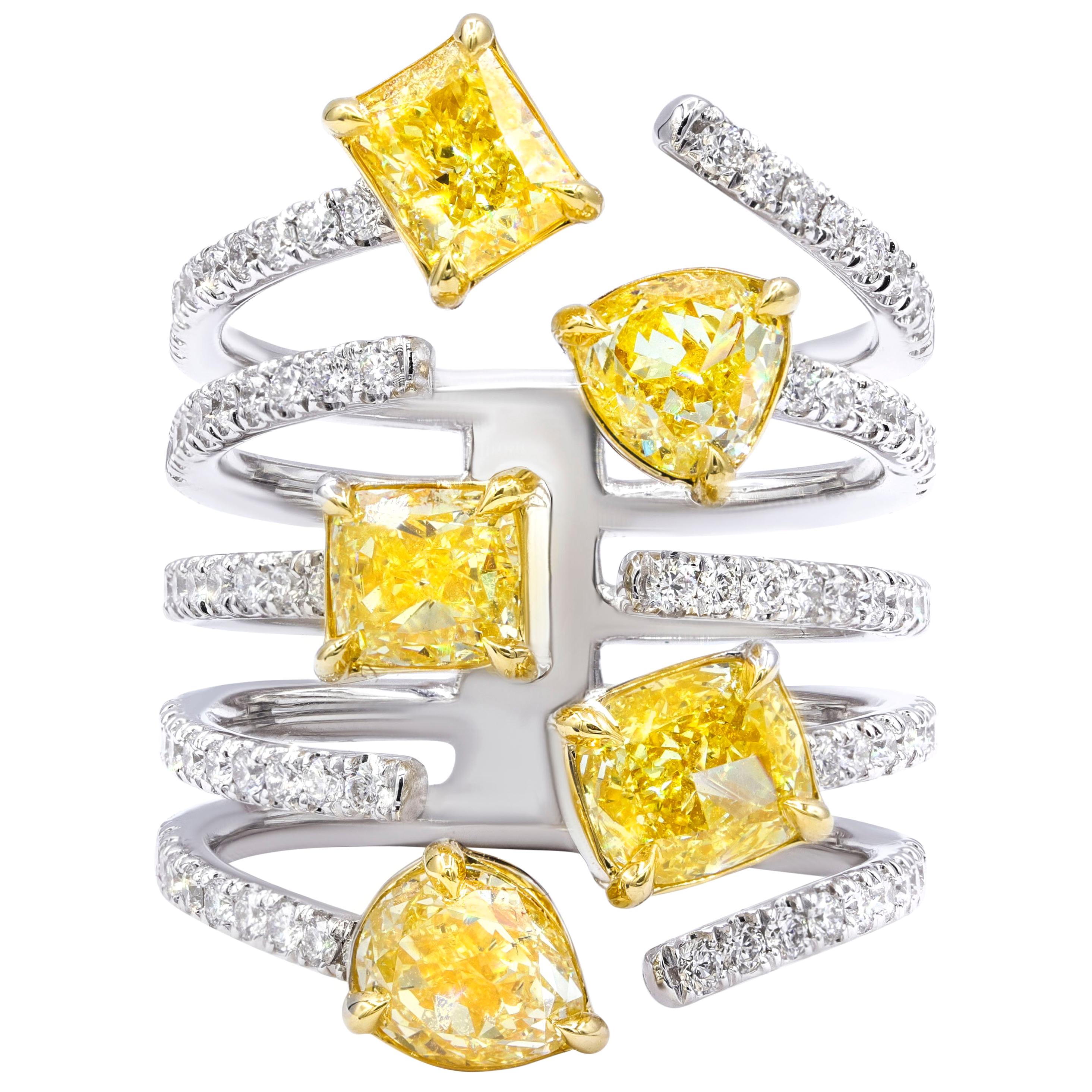 3.95 Carat Multi Shaped Fancy Yellow Diamond Ring For Sale