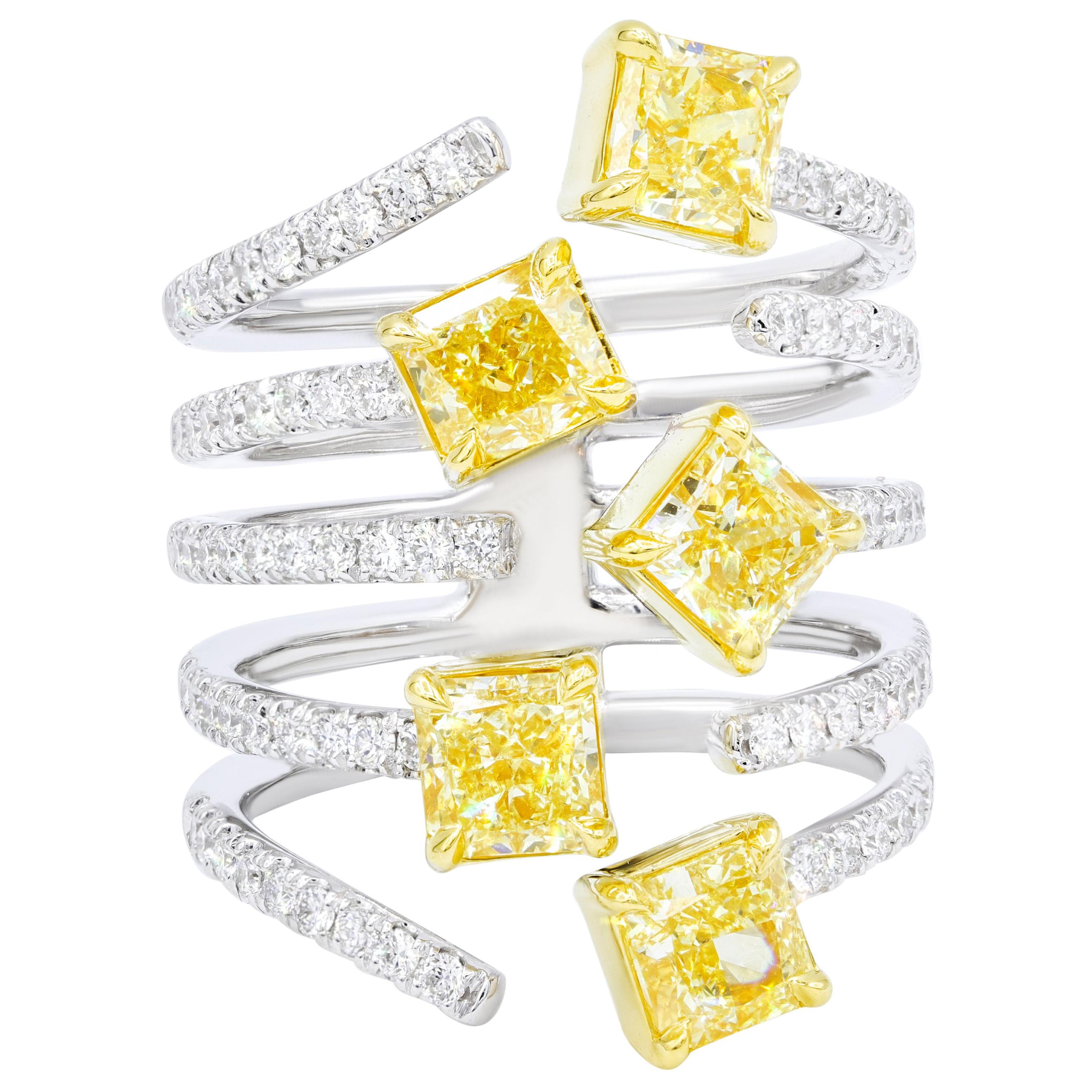 3.54 Carat Multi Shaped Fancy Yellow Diamond Ring For Sale