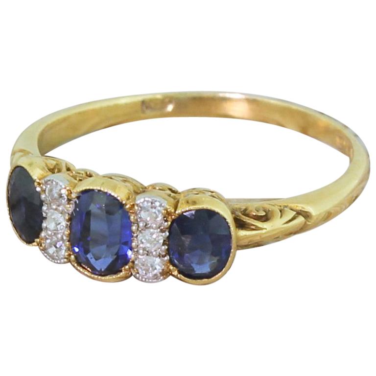 Edwardian 1.17 Carat Sapphire and Old Cut Diamond Trilogy Ring