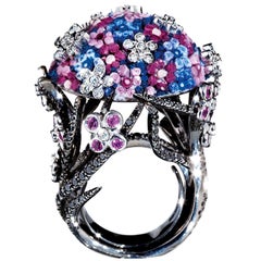 Anillo Cóctel Oro Negro Blanco y Negro Diamantes Zafiros Decorado Micromosaico