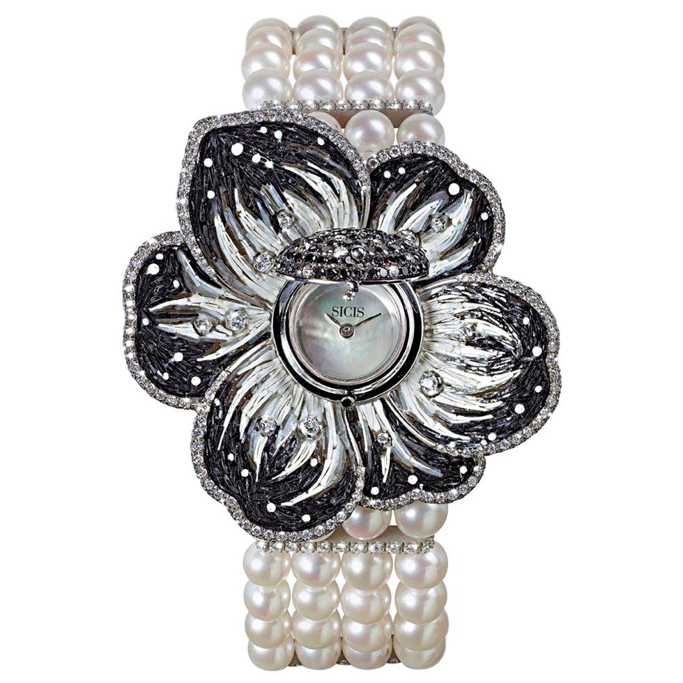 Montre-bracelet élégante en or blanc, diamants blancs et noirs, perles et nano-mosaïque décorées