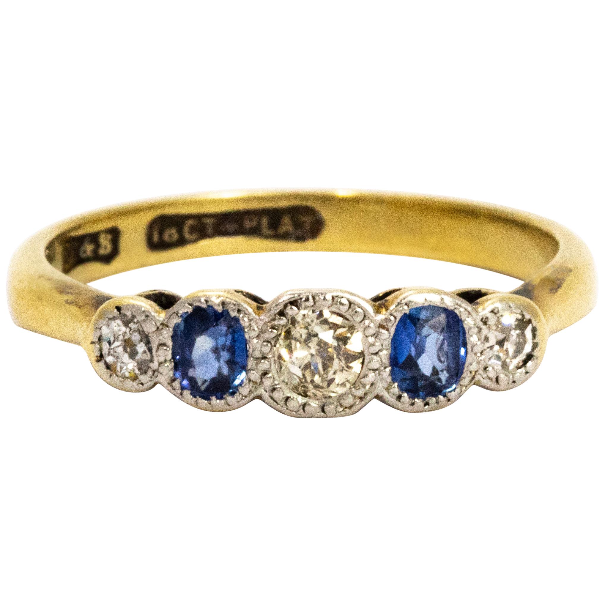 Edwardian Sapphire Diamond 18 Carat Gold and Platinum Ring