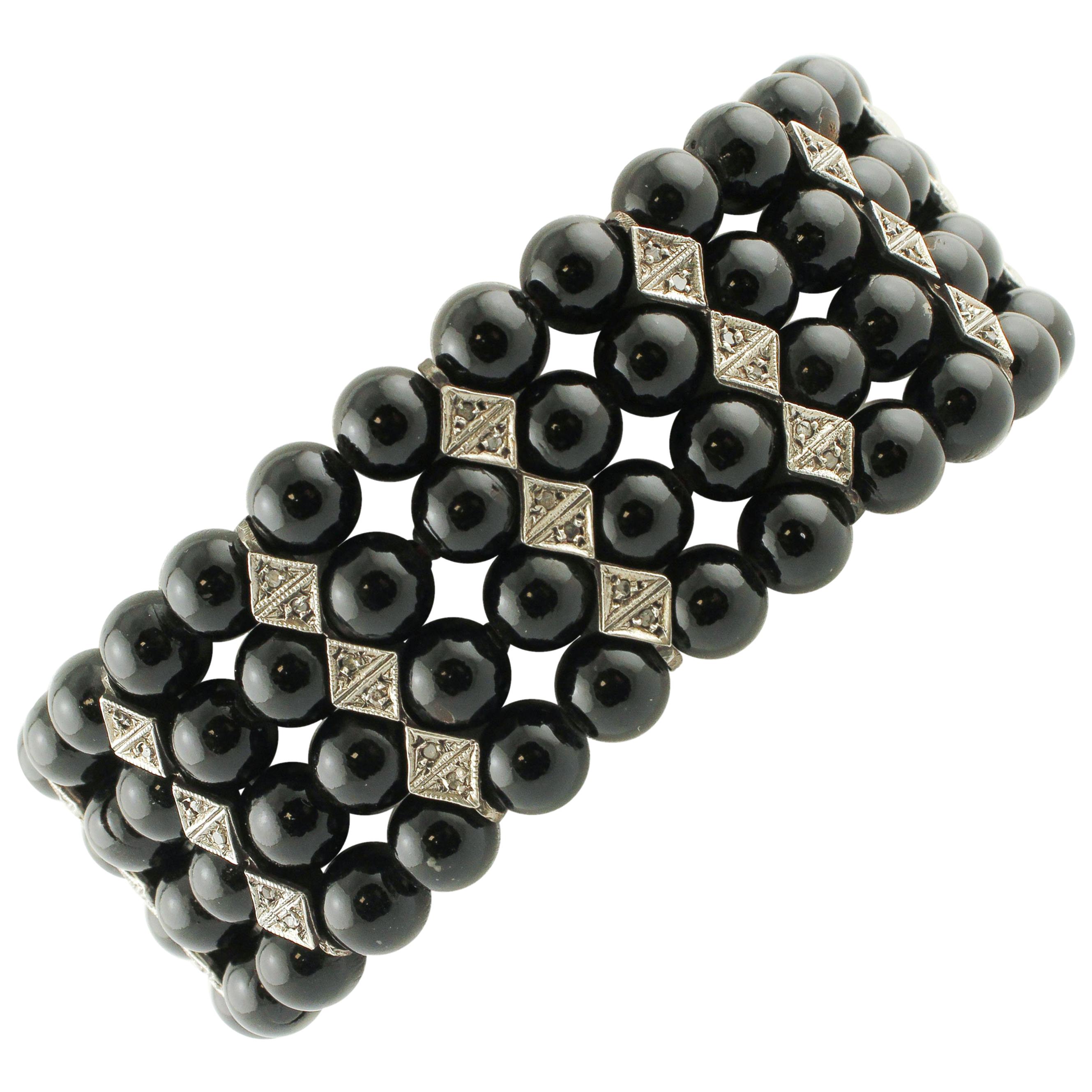 0.95 ct Diamonds, 23.15 ct Black Stones Rose Gold Silver Beaded Link Bracelet  For Sale
