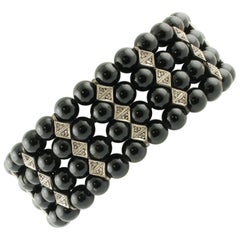 Vintage 0.95 ct Diamonds, 23.15 ct Black Stones Rose Gold Silver Beaded Link Bracelet 