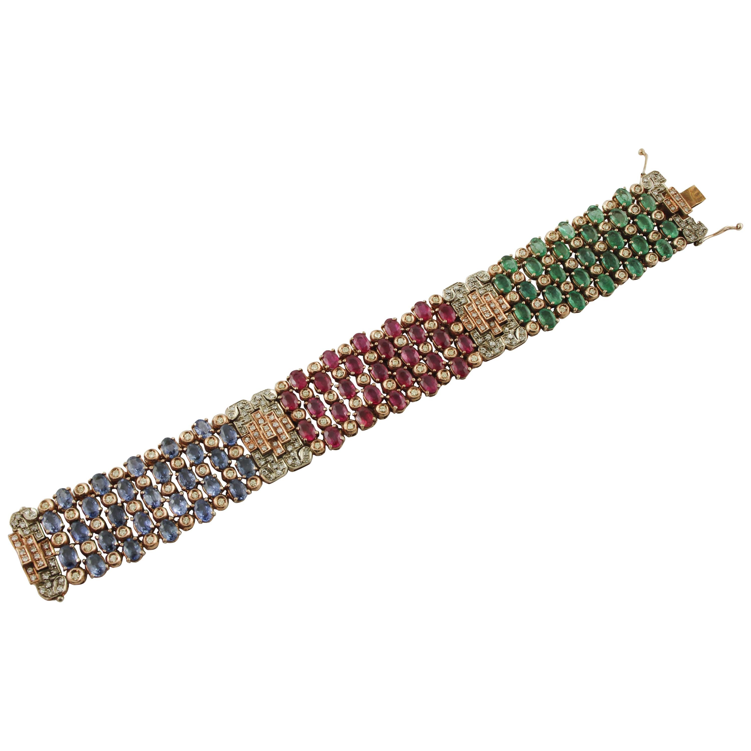45.30 ct Rubies, Emeralds, Sapphires, 4.95 ct Diamonds Rose Gold Silver Bracelet For Sale