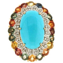 Turquoise, 18 Karat White and Yellow Gold, Diamonds, Sapphires, Cocktail Ring