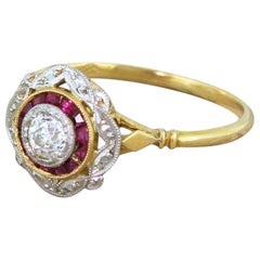 Antique Art Deco 0.30 Carat Old Cut Diamond and Ruby Target Ring