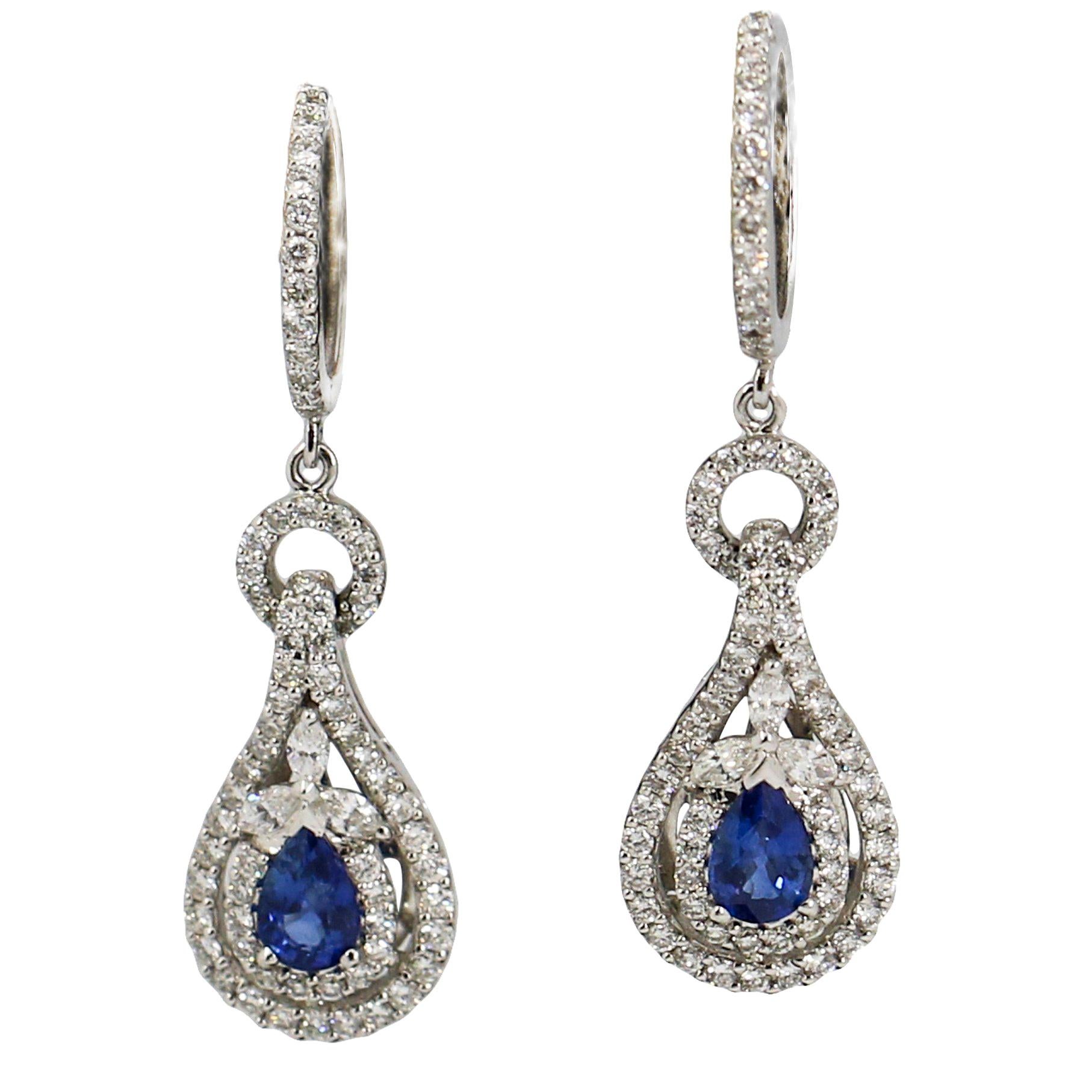 2.50 Carat 18 Karat White Gold Diamond Sapphire Dangle Drop Earrings For Sale