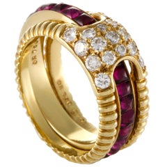 Dior Ruby Insert Diamond Yellow Gold Band Ring Set