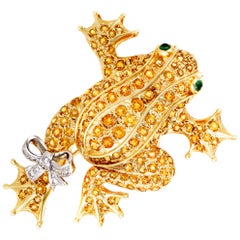 Vintage Diamond Yellow Sapphire and Emerald Yellow and White Gold Frog Brooch