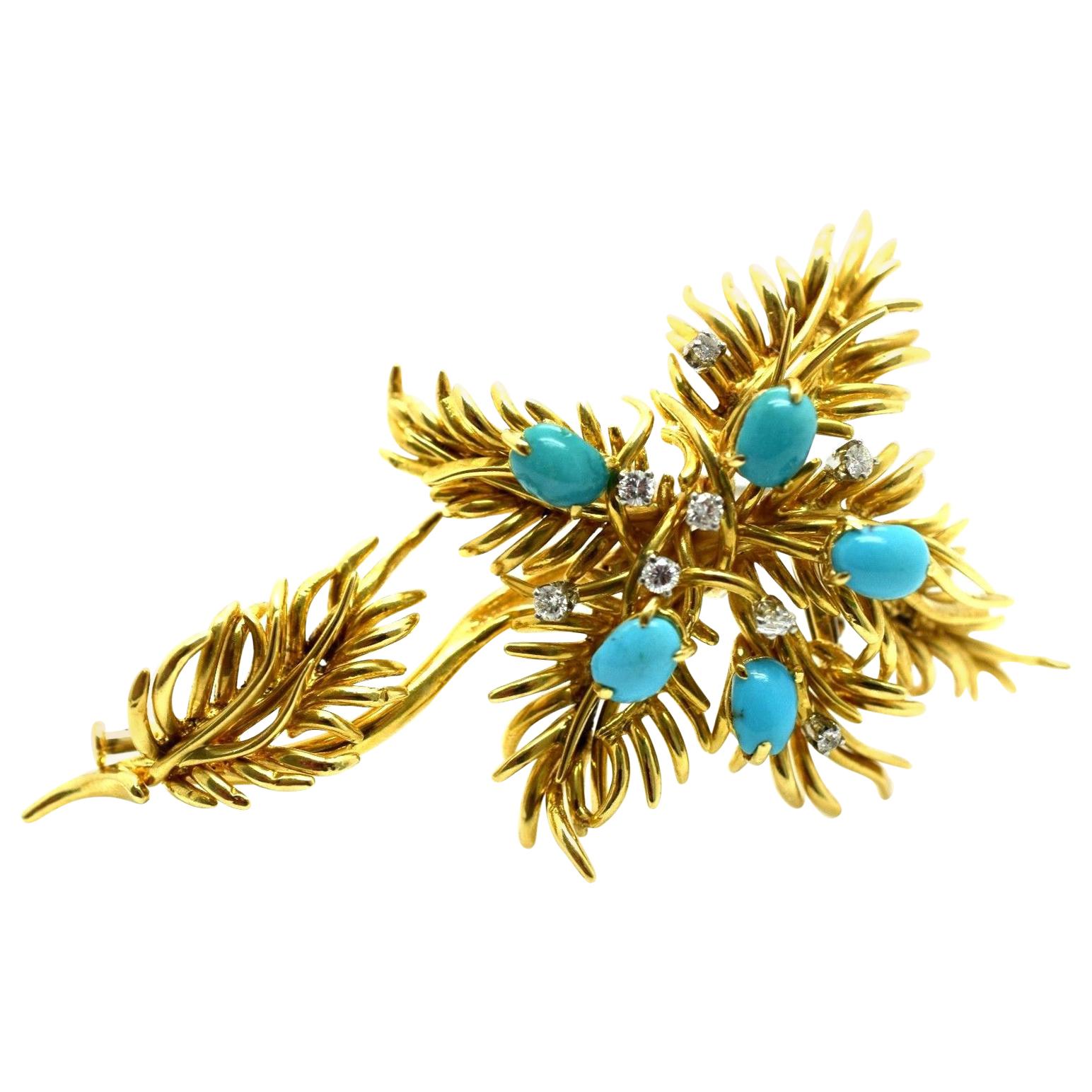 David Webb Turquoise and Diamond Floral Brooch 18 Karat Gold