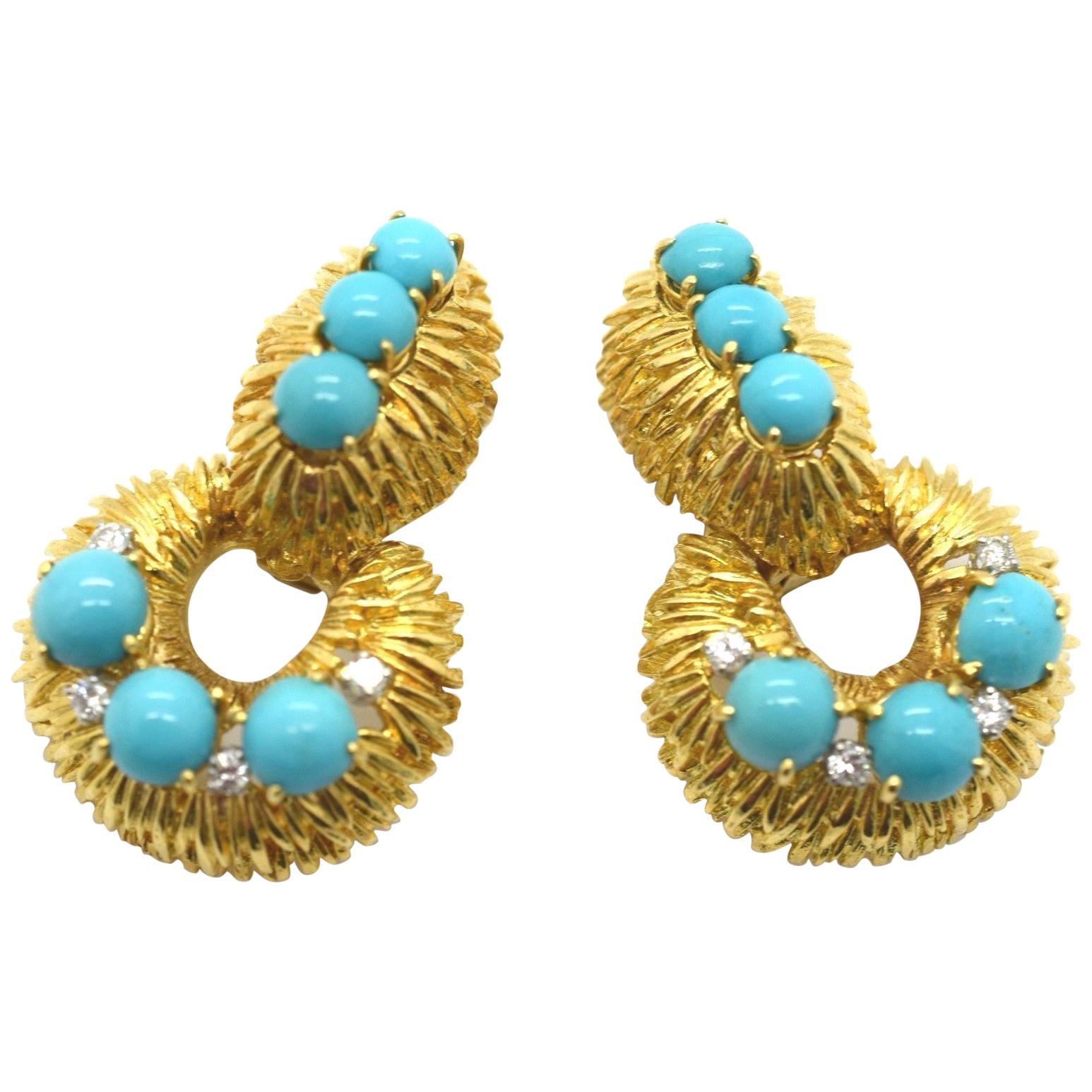 David Webb Turquoise and Diamond Door Knocker Earrings 18 Karat Gold