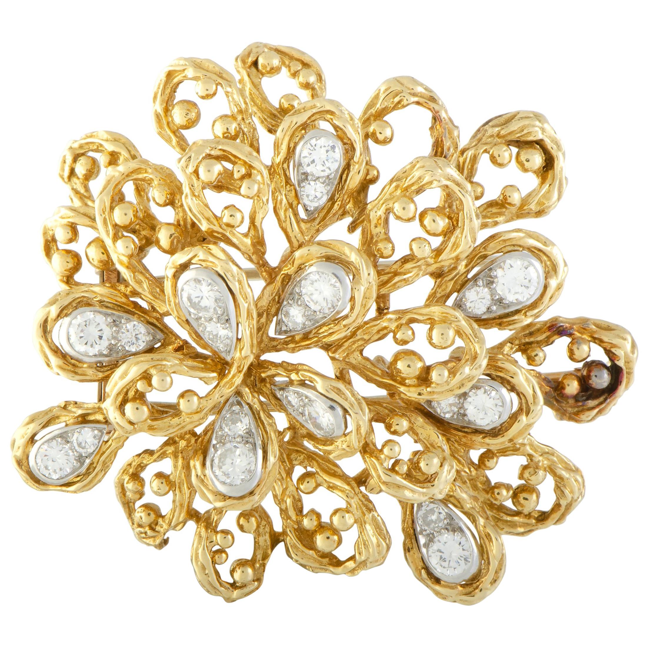 Van Cleef & Arpels Diamond Yellow and White Gold Large Floral Brooch
