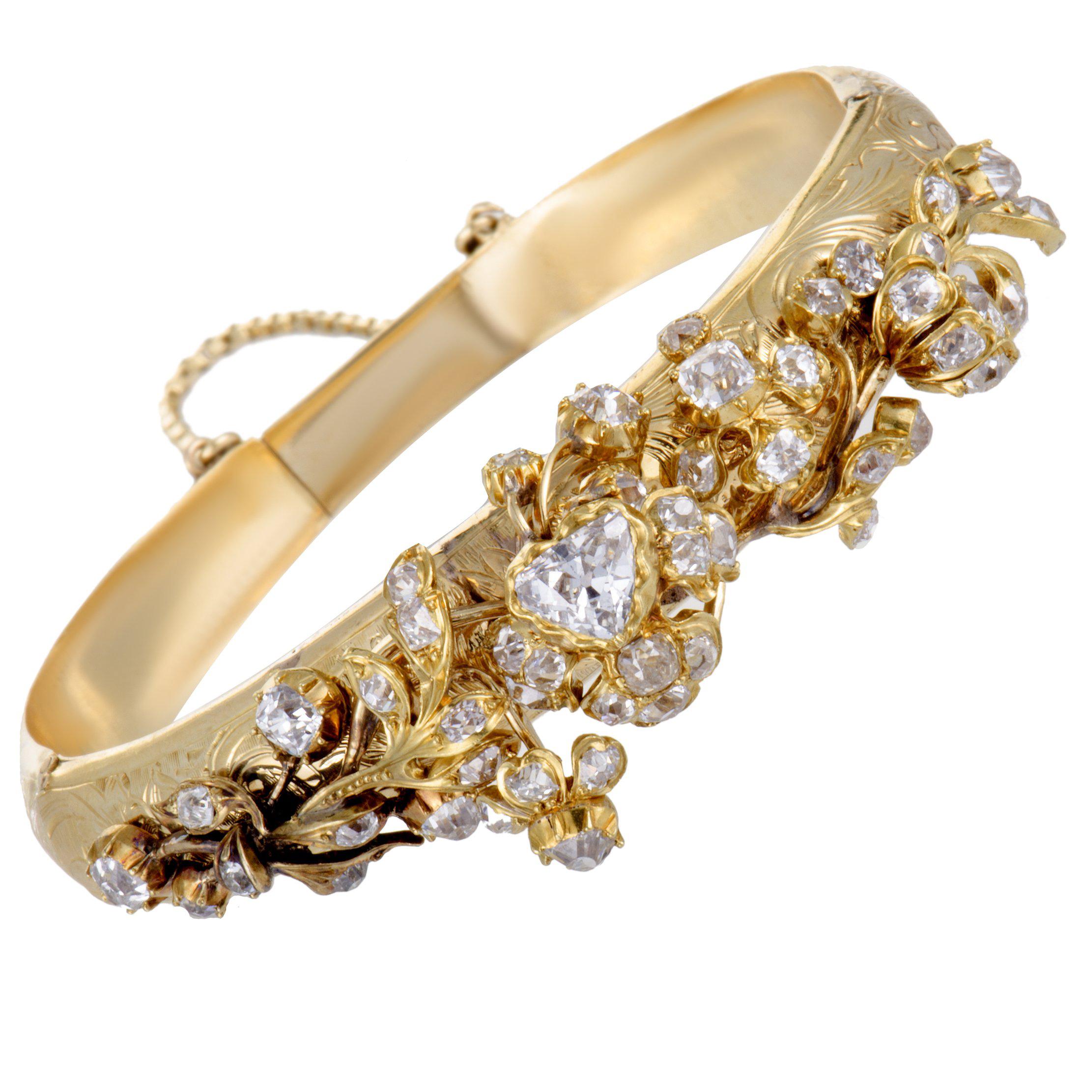 Antique Diamond Floral Yellow Gold Bangle Bracelet