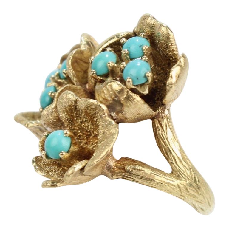 Fine J Rossi 18 Karat Gold and Turquoise Cluster Figural Flower Ring