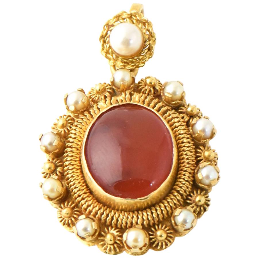 Victorian Revival Carnelian and Pearl Gold Pendant Charm
