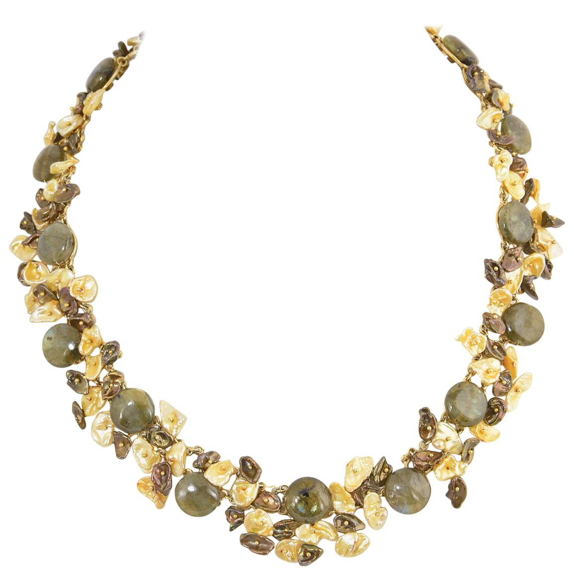 Handmade Pearl, Gemstone and Gold Necklace For Sale