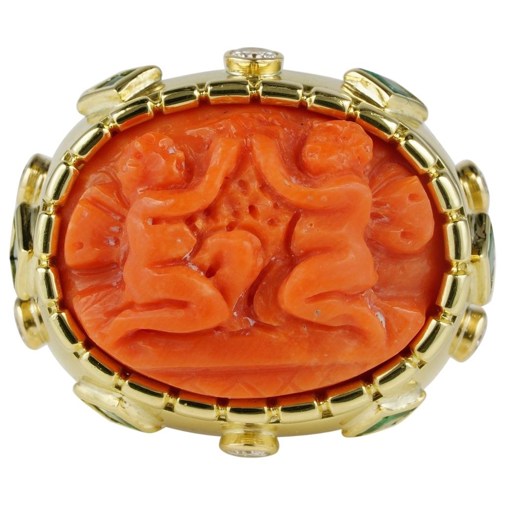 Magnificent Coral Putti Diamond Emerald Rare Vintage Ring For Sale