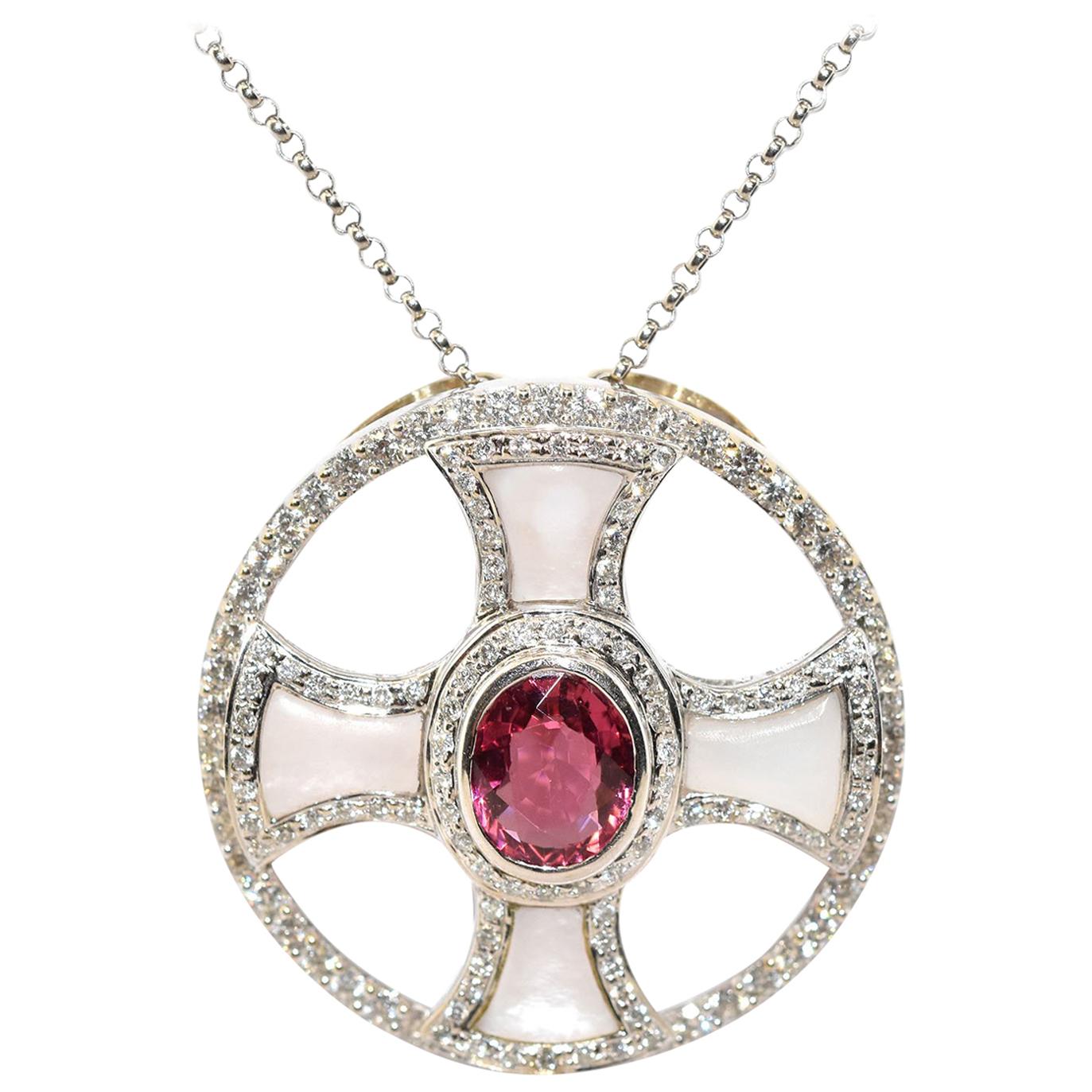 14 Karat White Gold, Diamond, Pink Tourmaline and Mother of Pearl Necklace