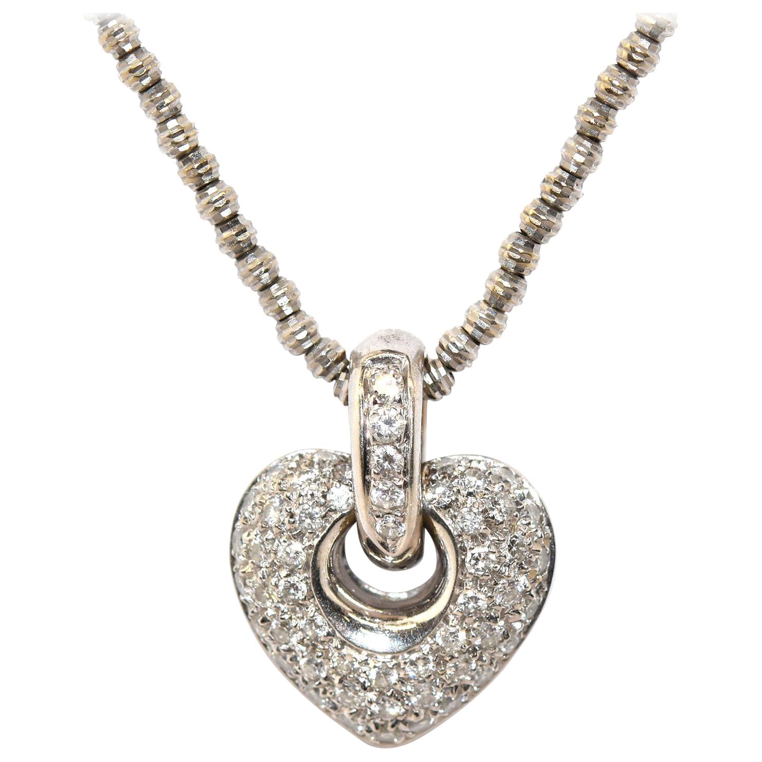 14 Karat White Gold Pave Diamond Heart Pendant Necklace