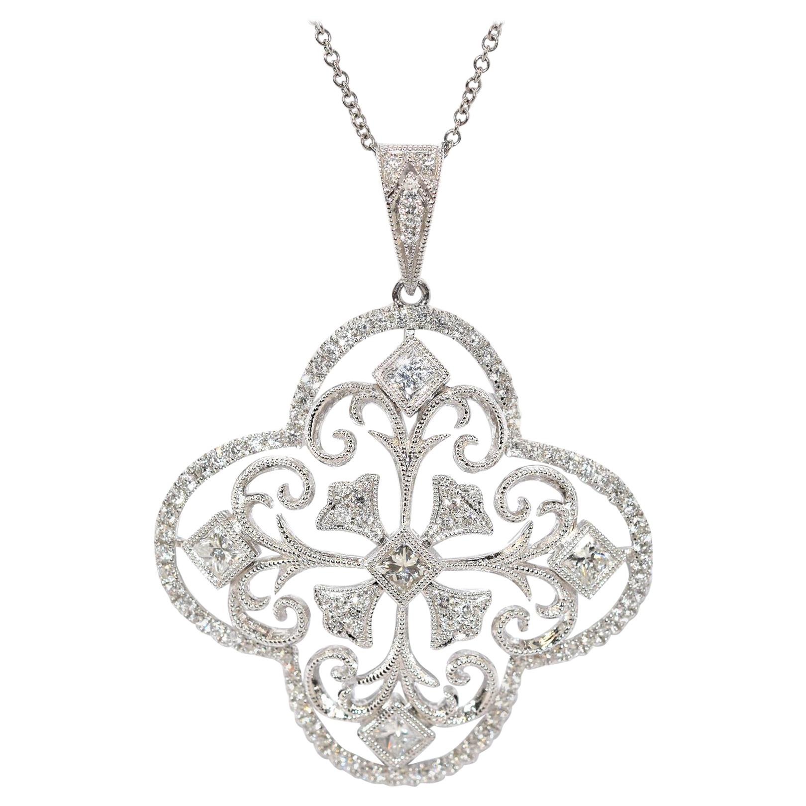 18 Karat Gold and 1.20 Carat Diamond Flower Pendant 14 Karat Chain Necklace For Sale