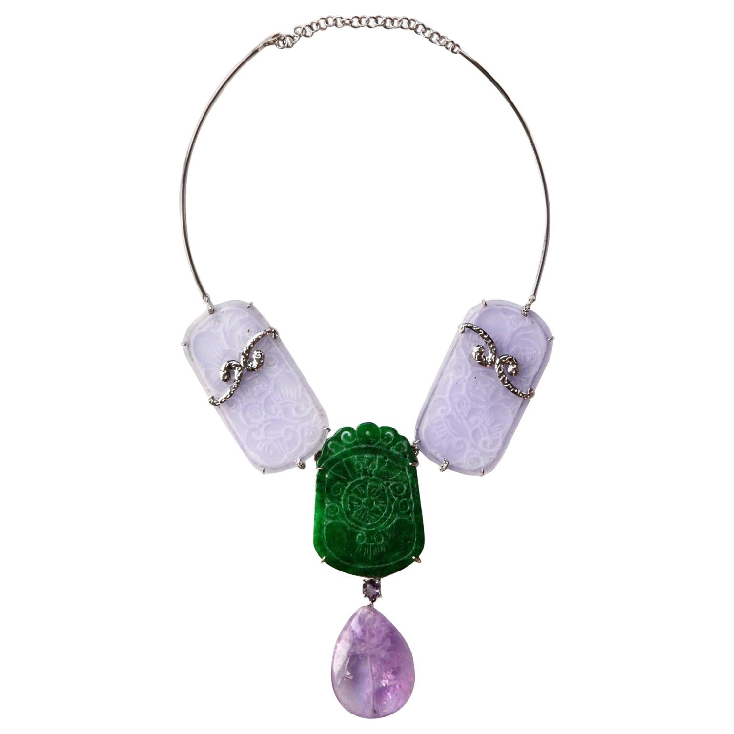  Antiques Jade Amethyst  18 k White Gold Necklace For Sale