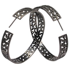 Sterling Silver Rhodium Textured Hoop Earrings