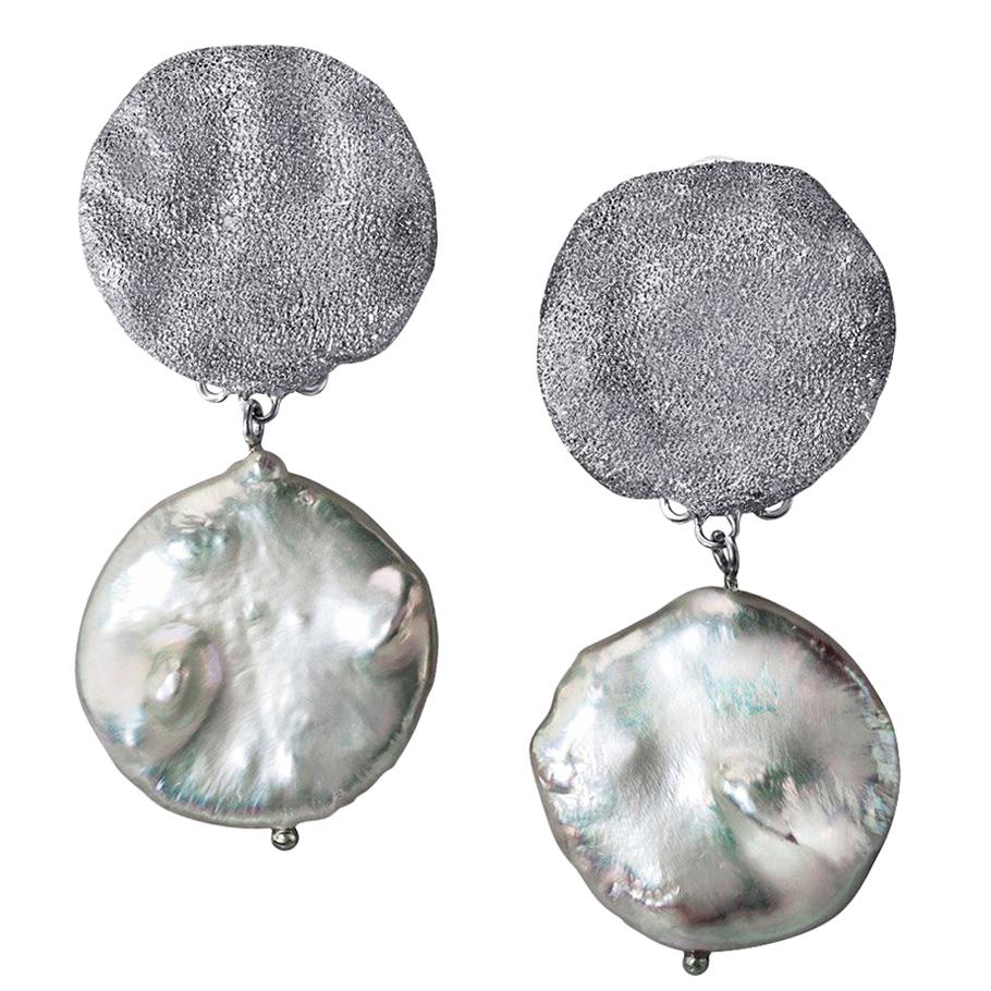 Pearl Sterling Silver Platinum Textured Drop Dangle Earrings For Sale