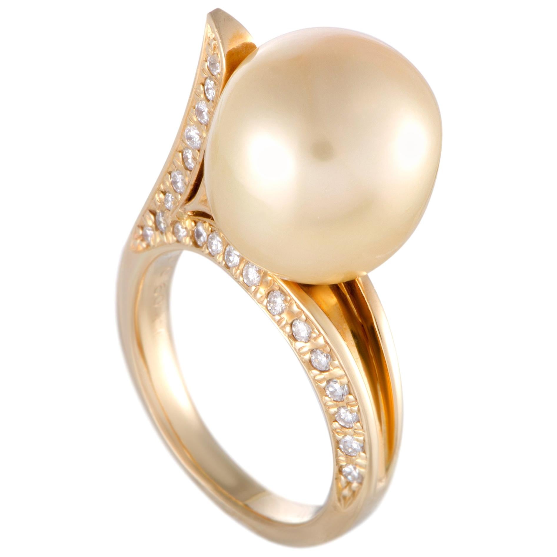 Diamond and Golden Pearl Yellow Gold Ring