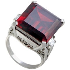 Diamonds and Large Rectangle Garnet Platinum Ring