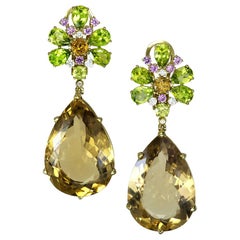 Champagne Quartz Peridot Pink Sapphire Diamond Gold Drop Earrings One of a Kind