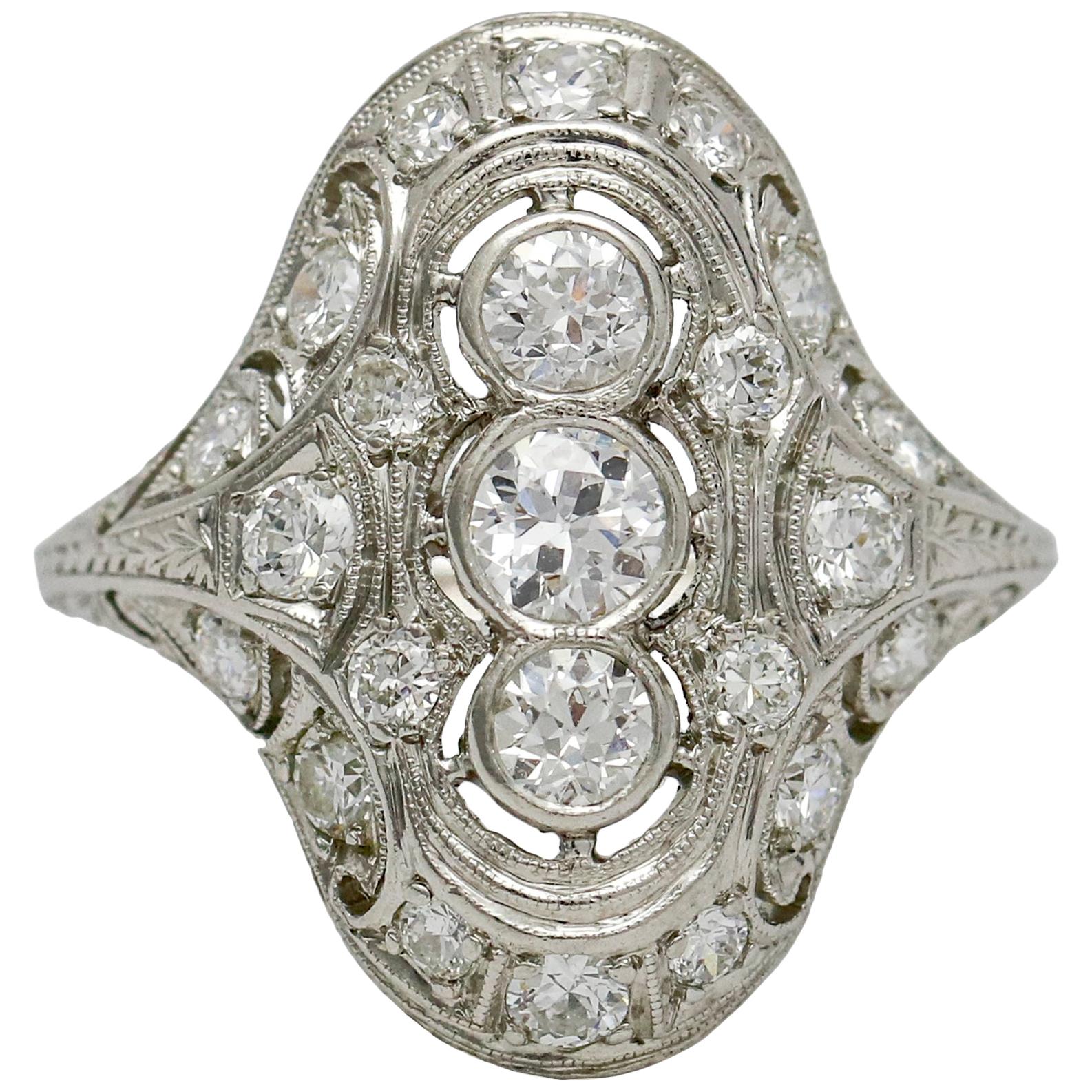 1.75 Carat Art Deco Diamond Platinum Filigree Dinner Ring For Sale