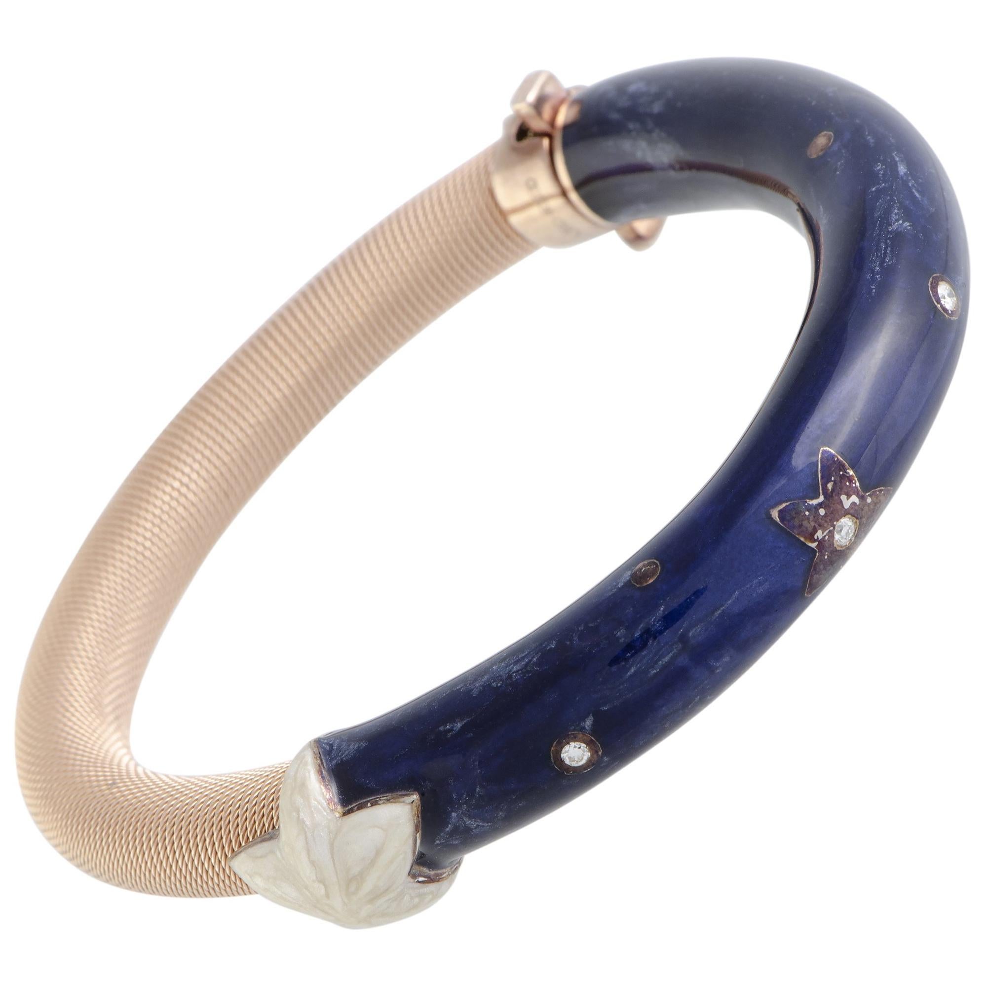 Nouvelle Bague Sterling Silver and Yellow Gold Diamonds, Ivory and Blue Enamel