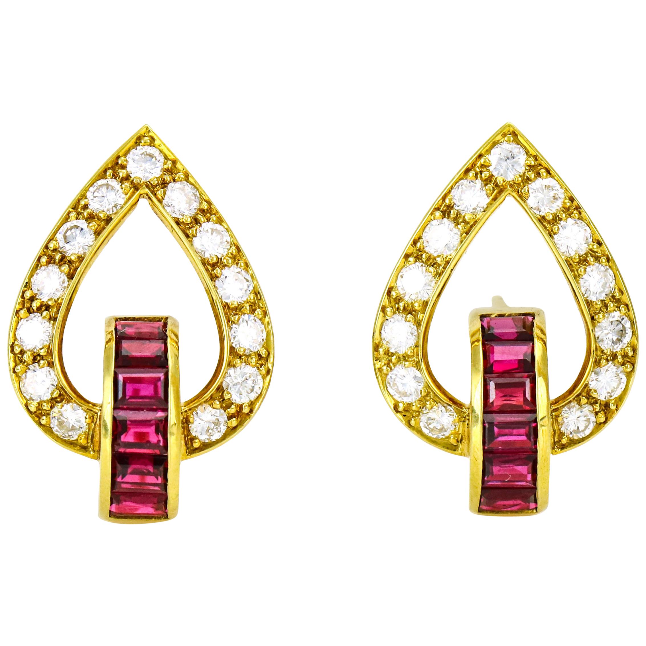 1.82 Carat 18 Karat Yellow Gold Diamond Ruby Earrings For Sale