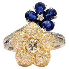 Solid 18 Karat White and Gold Genuine Diamond and Natural Sapphire Flower Ring