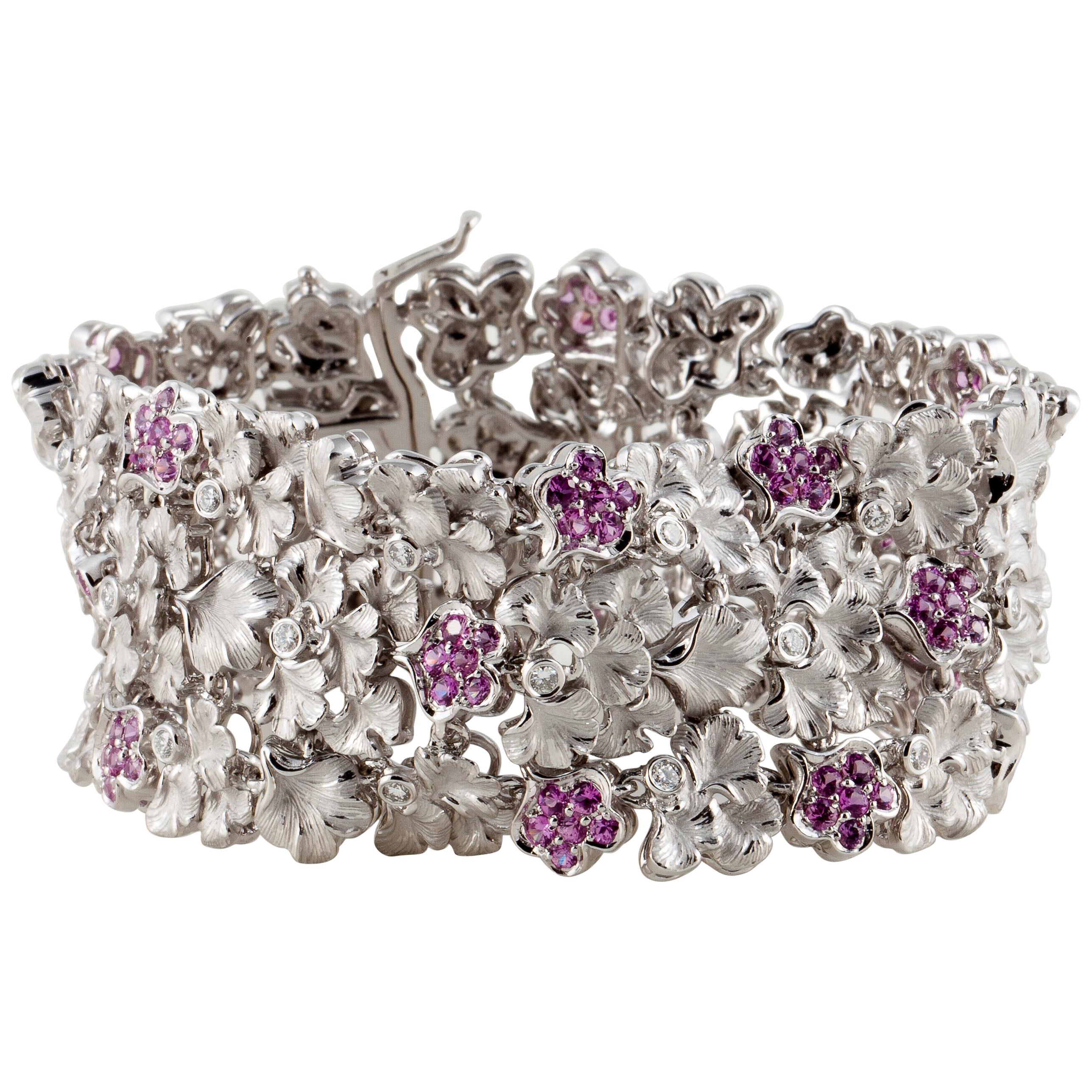 Carrera y Carrera 18K White Gold Pink Sapphire and Diamond Floral Bracelet