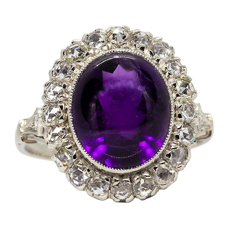 Precious Platinum Natural Amethyst and Diamonds Halo Ring