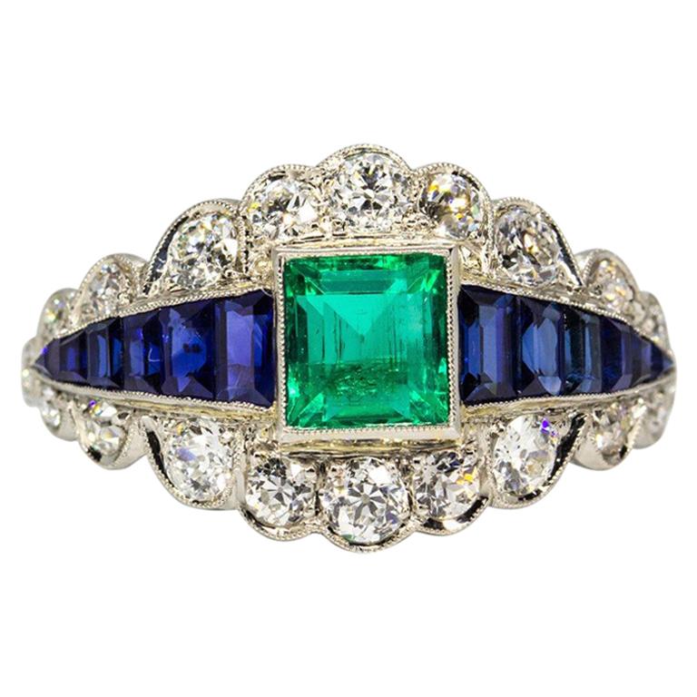 Estate Platinum Emerald, Sapphire and Diamond Engagement Ring im Angebot