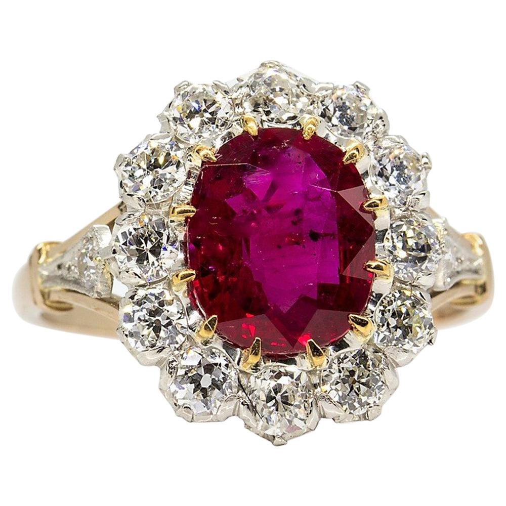 Antique 18k Gold & Platinum Natural Gia Certified Ruby and Diamond Engagement Ri