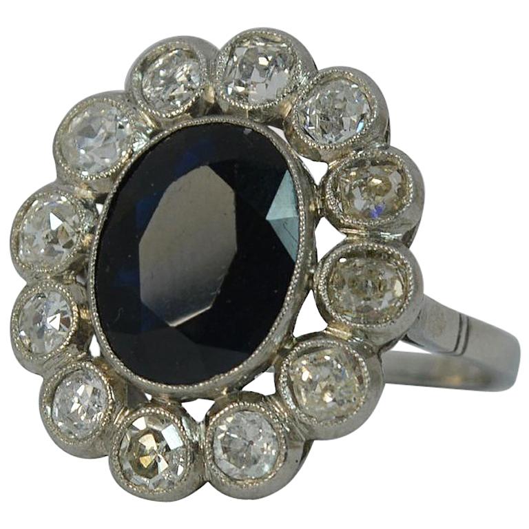 Antique French 1.50 Carat Old Cut Diamond and Sapphire Cluster Ring