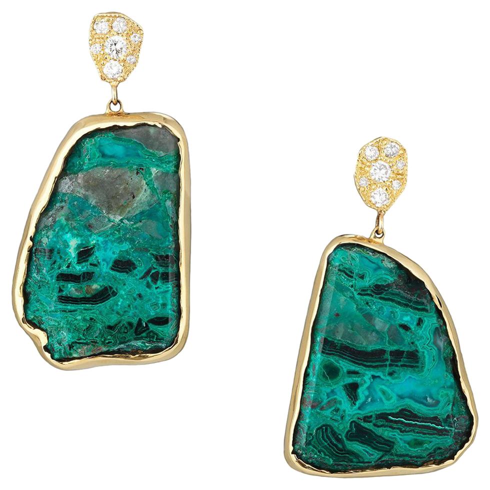 Yellow Gold Diamond and Chrysocolla Earrings