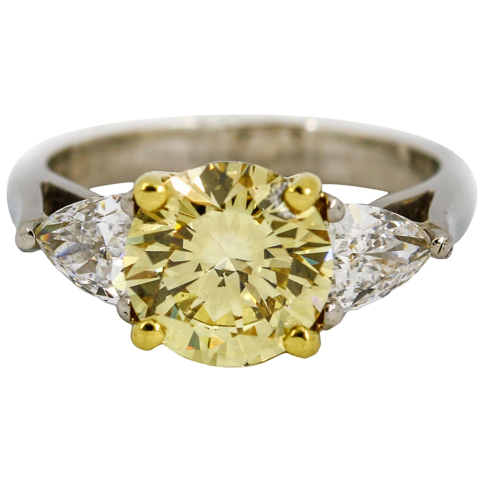 3.05 Carat Platinum GIA Certificate Fancy Yellow Diamond Engagement Ring For Sale