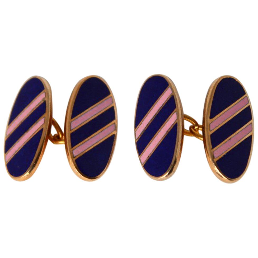  Enamel Blu Rose Stripes Gold Filled Cufflinks