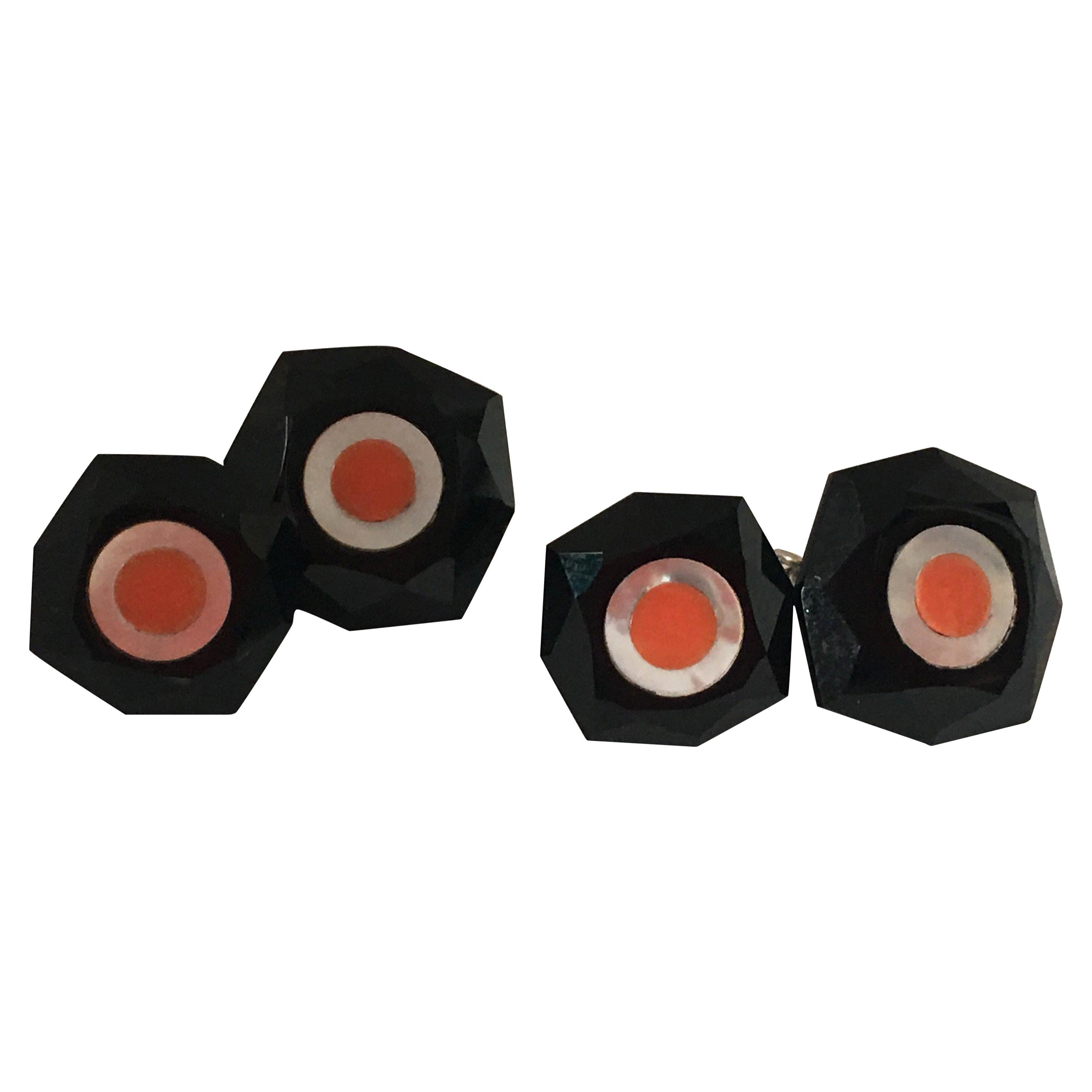 White Gold Onyx Coral Mother-of-Pearl Hand Made Cufflinks For Sale