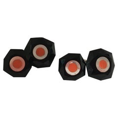 White Gold Onyx Coral Mother-of-Pearl Hand Made Cufflinks