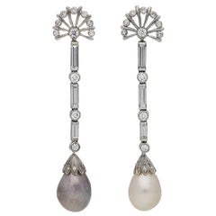 Retro Natural Pearl and Diamond Earrings, circa 1950